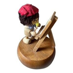 Vintage Wood Music Box Painter Easel Artist Figure Wind Up Charming Works 5 x 4"